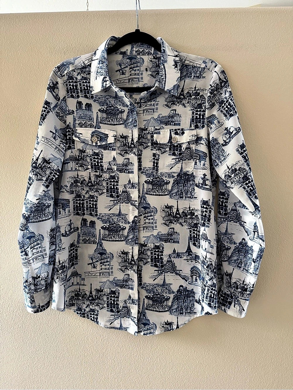 KARL LAGERFELD Paris Print Button Down in White & Blue Like New